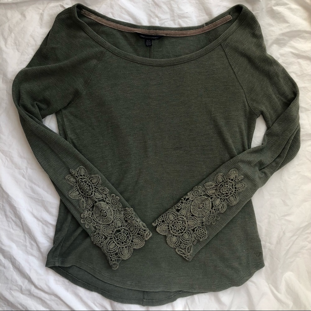American Eagle Thermal Top Crochet Sleeves
